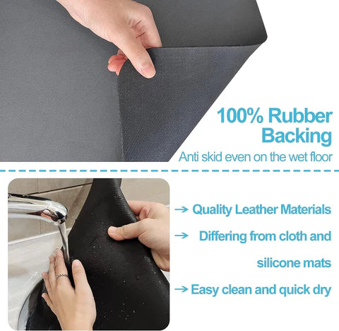 Textured mat with 100% rubber backing, anti-slip properties, and quality leather materials.