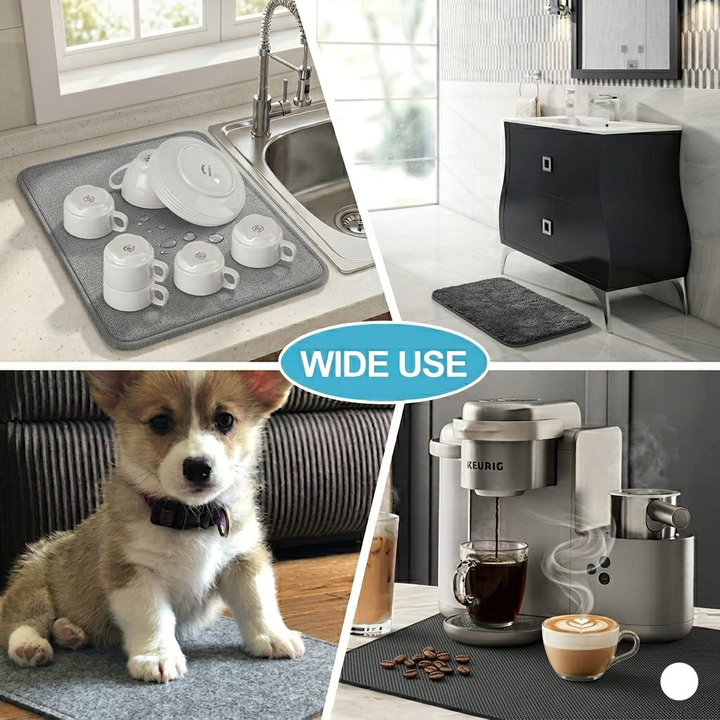 Collage of kitchen mats in use, including a sink, bathroom, coffee machine, and coffee cup.