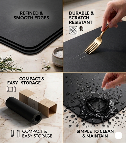 Black placemats with text highlighting features like refined edges, durability, compact storage, and ease of cleaning.