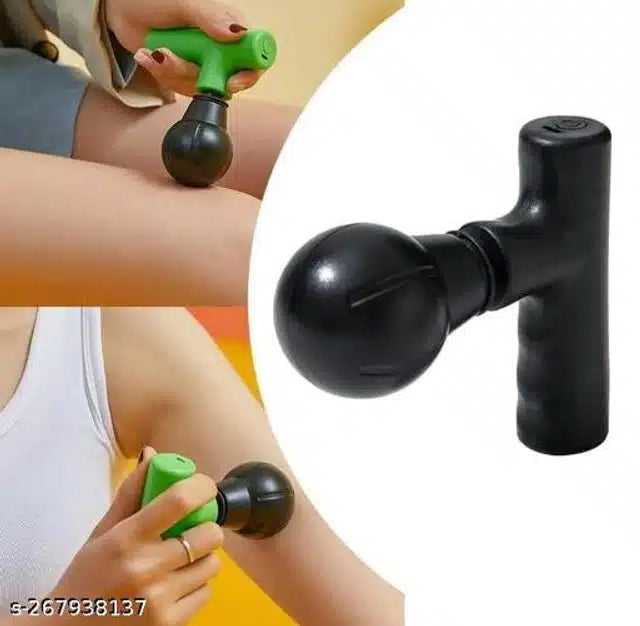 Person using a green and black massage tool on their leg with a close-up of the tool.